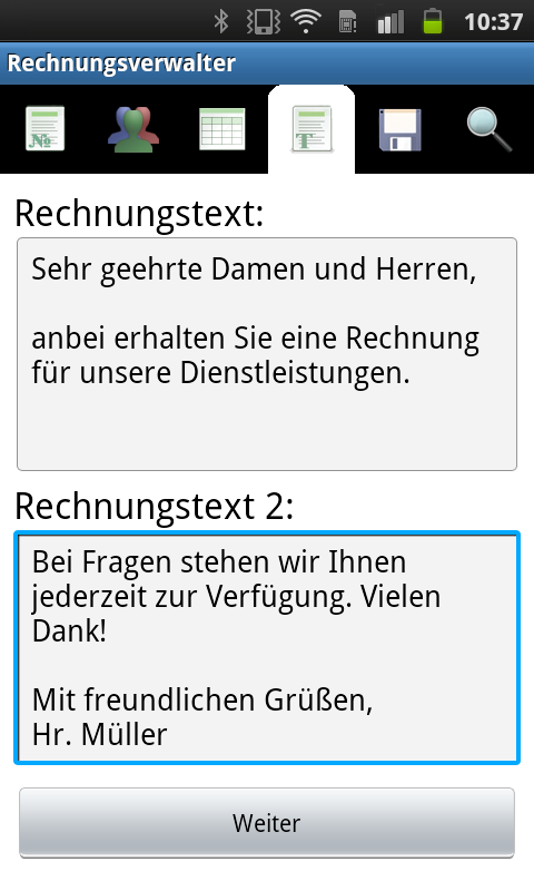 Android app – invoice texts