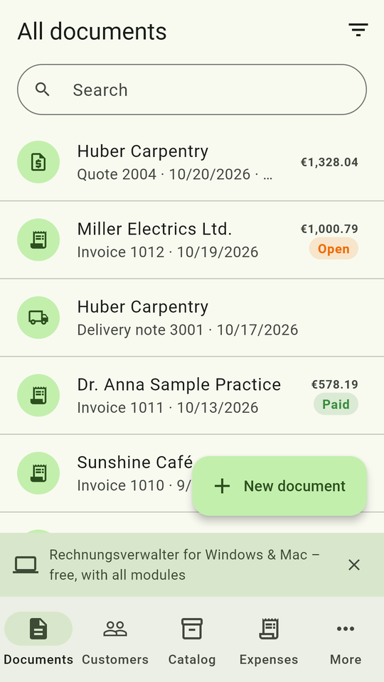 Invoice Creator for Android – document list