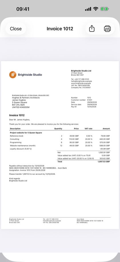 Invoice Manager for iPhone – print view