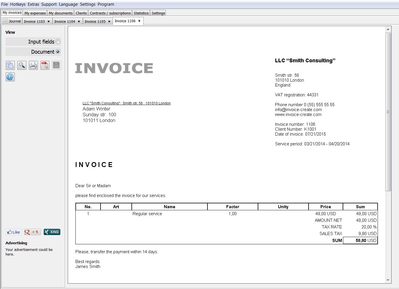 Print view of a finished invoice