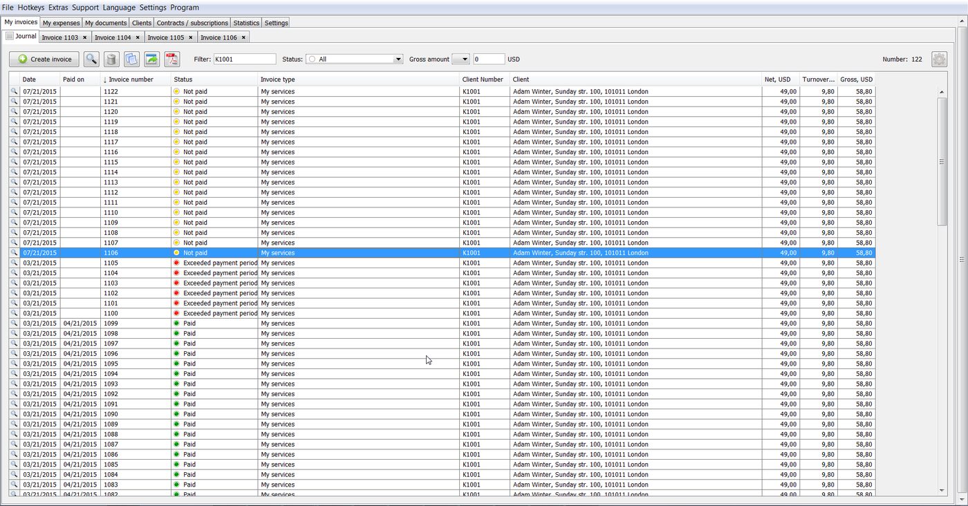 Journal with the list of all invoices