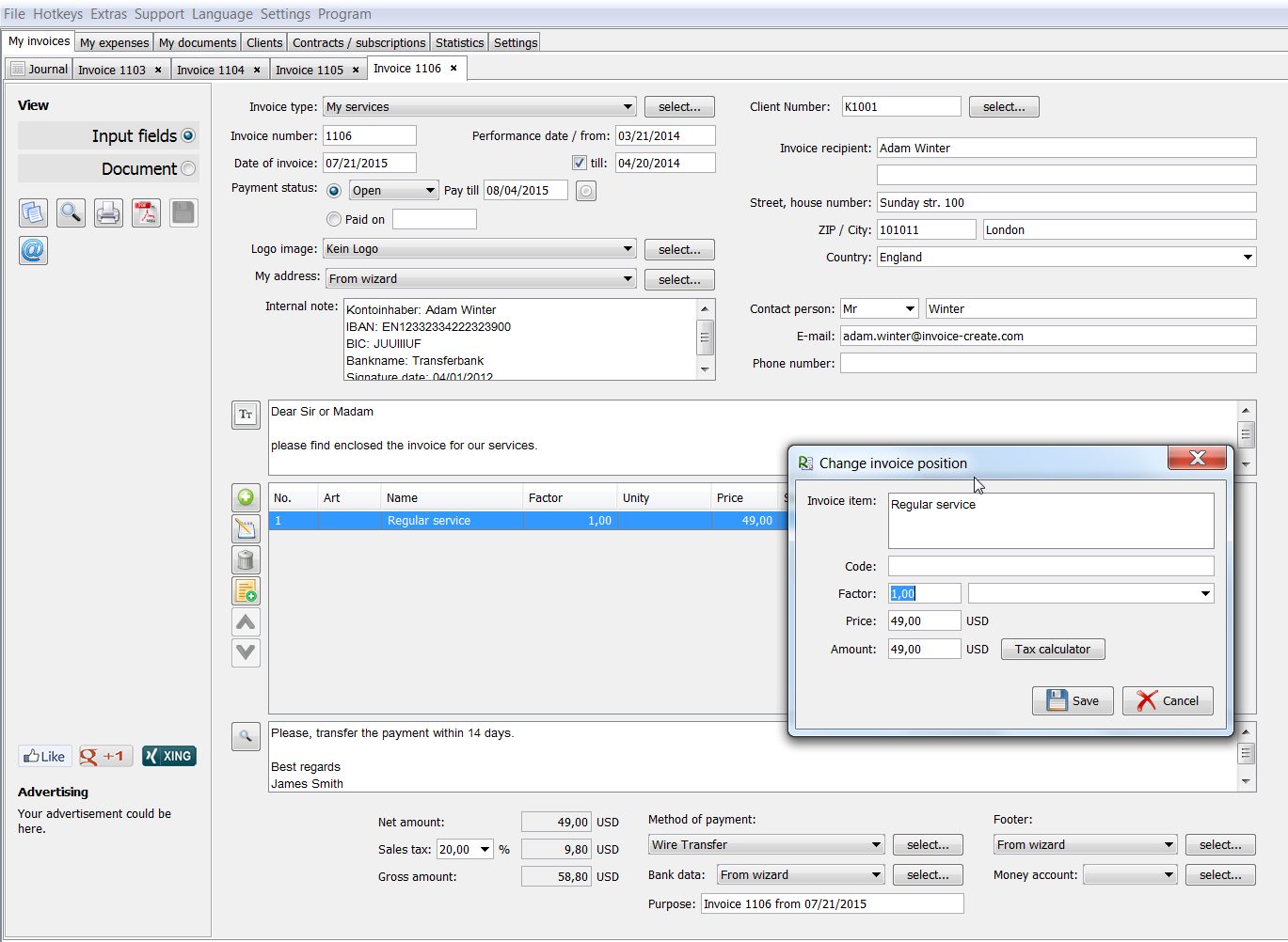 Invoice Creator with an open invoice: recipient, invoice items and amounts