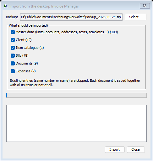 Import from desktop dialog with the areas to import