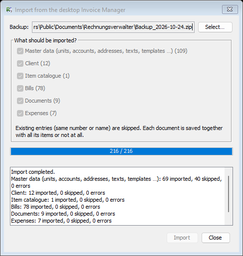 Result of the import with the progress bar