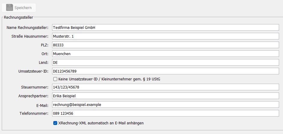 XRechnung settings with the option to attach the XRechnung XML to the e-mail automatically