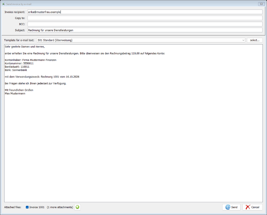 E-mail window when sending an invoice